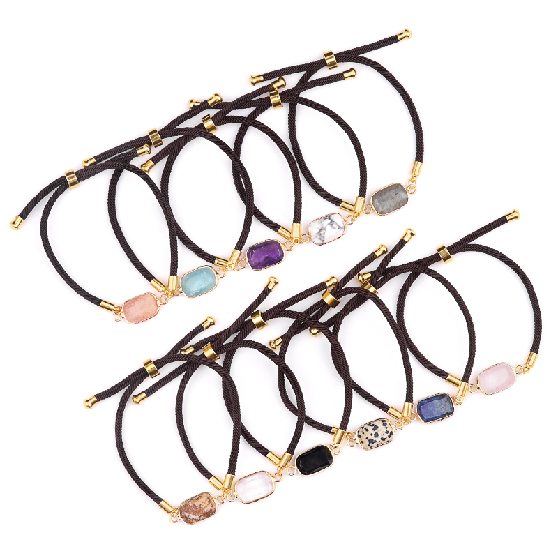 Faceted Rectangle Wrapped Gold Connector Charms  Adjustable Stone Bracelet
