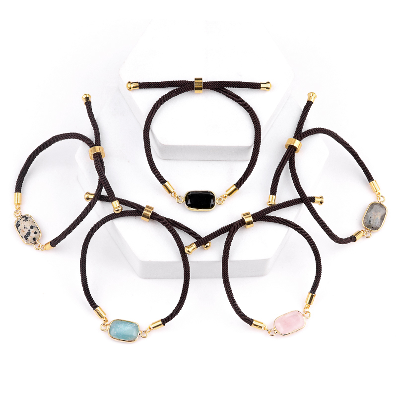 Faceted Rectangle Wrapped Gold Connector Charms  Adjustable Stone Bracelet