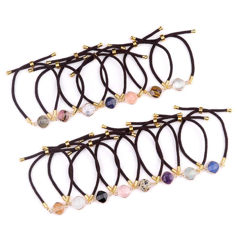 12mm Faceted Rhombus & Square Wrapped Gold Connector Charms  Adjustable Stone Bracelet