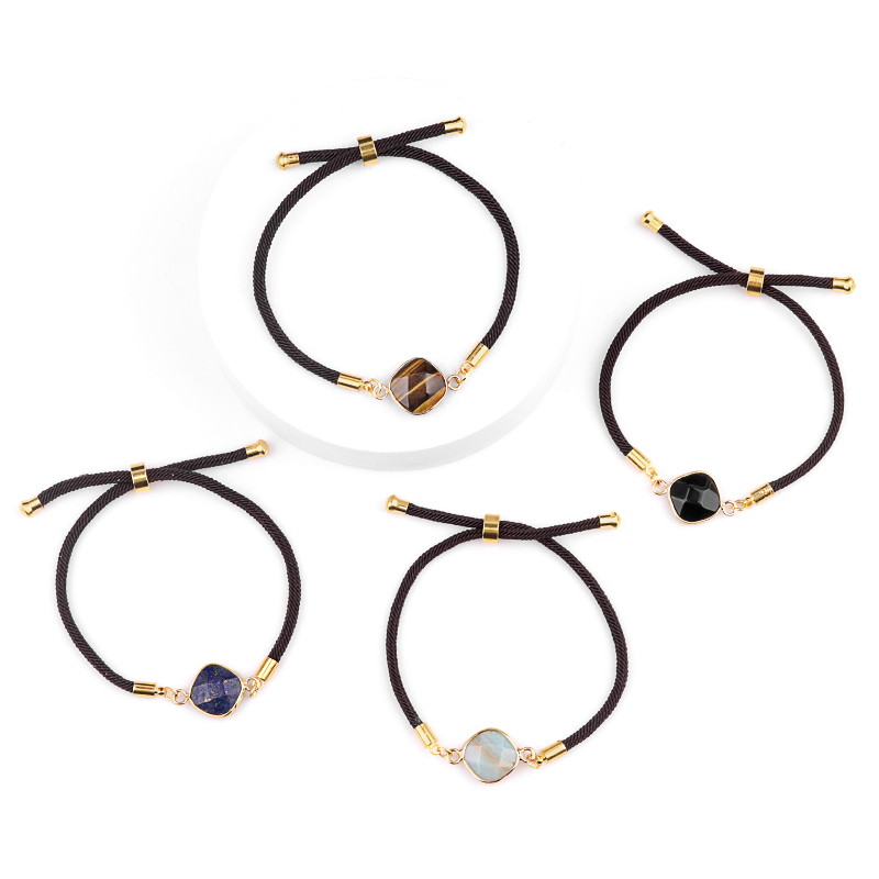 12mm Faceted Rhombus & Square Wrapped Gold Connector Charms  Adjustable Stone Bracelet