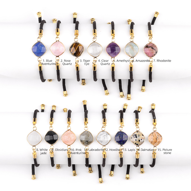 12mm Faceted Rhombus & Square Wrapped Gold Connector Charms  Adjustable Stone Bracelet