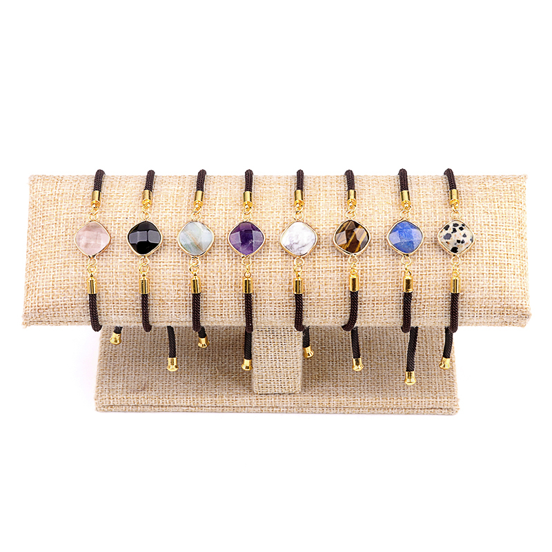 12mm Faceted Rhombus & Square Wrapped Gold Connector Charms  Adjustable Stone Bracelet
