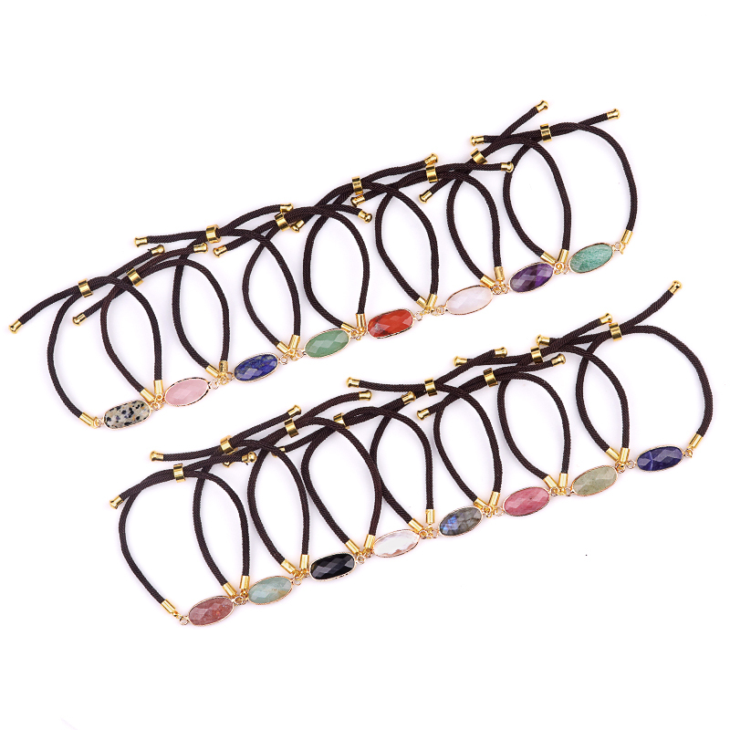 Faceted Oval Beads Wrapped Gold Connector Charms  Adjustable Stone Bracelet