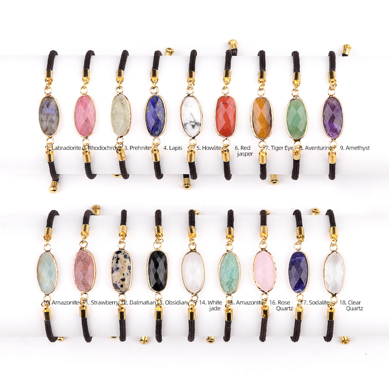 Faceted Oval Beads Wrapped Gold Connector Charms  Adjustable Stone Bracelet