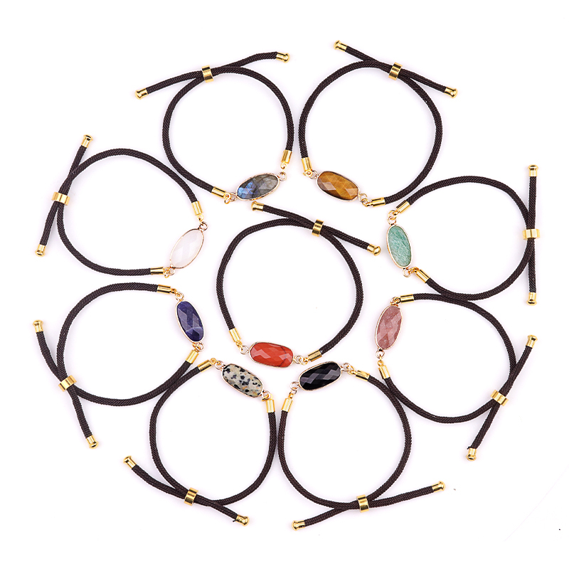 Faceted Oval Beads Wrapped Gold Connector Charms  Adjustable Stone Bracelet
