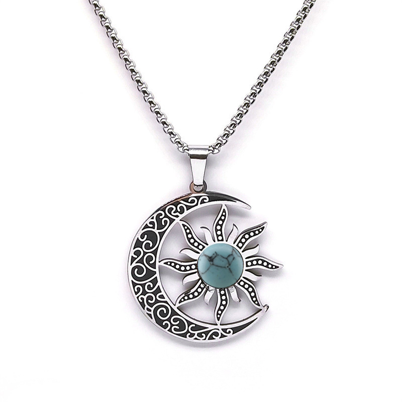 Gemstone Cabs Steel Stainless Sun & Moon Pendant Necklace 60cm Chain