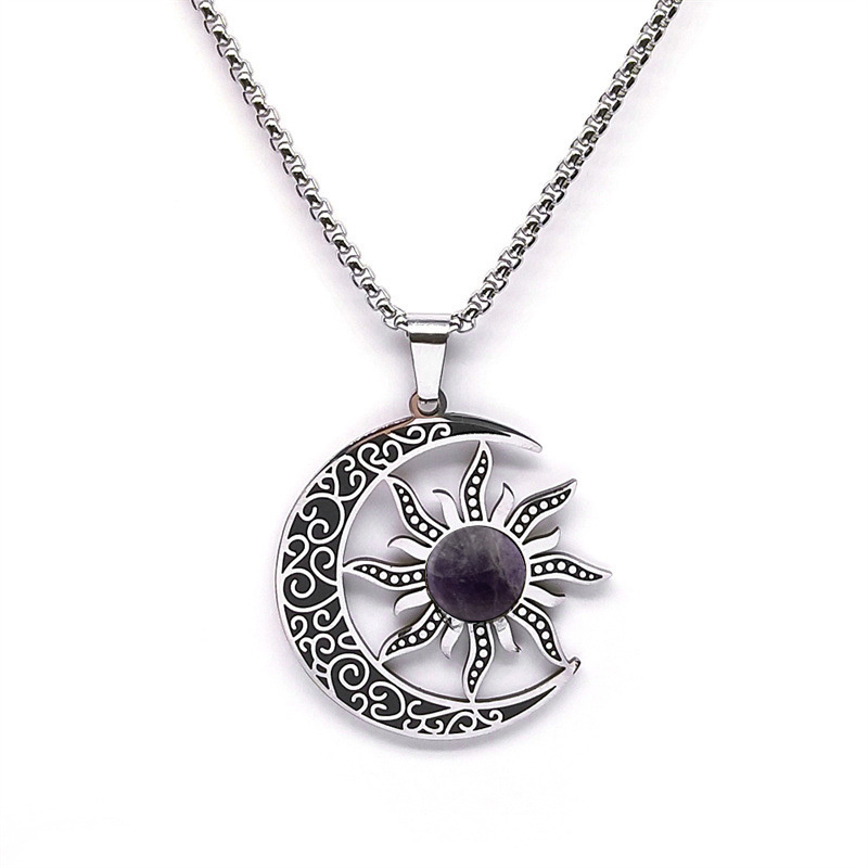 Gemstone Cabs Steel Stainless Sun & Moon Pendant Necklace 60cm Chain