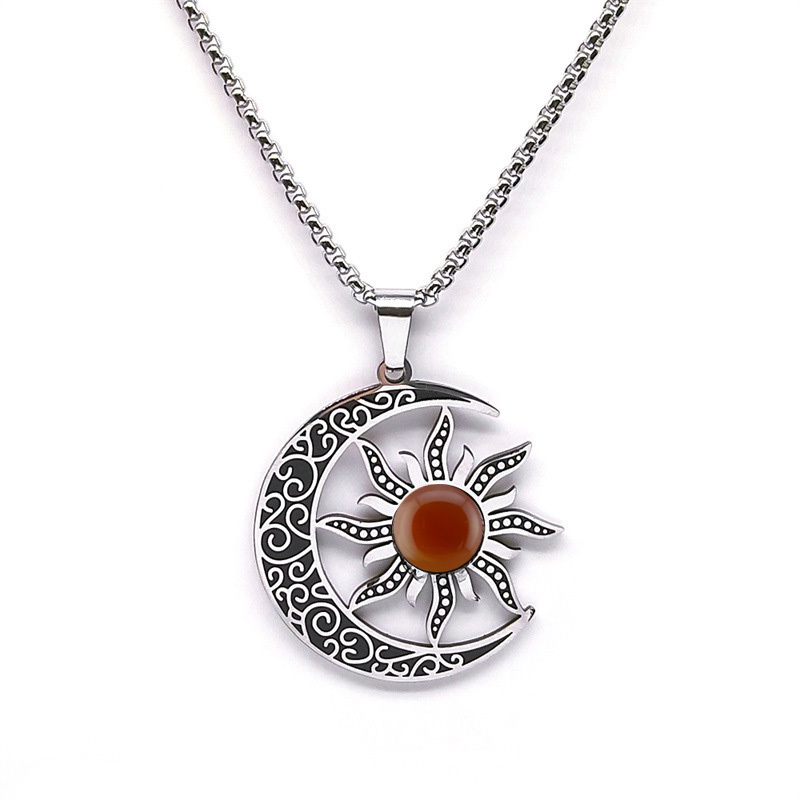 Gemstone Cabs Steel Stainless Sun & Moon Pendant Necklace 60cm Chain