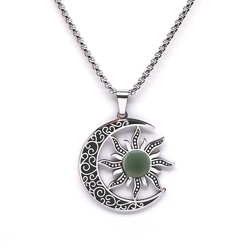 Gemstone Cabs Steel Stainless Sun & Moon Pendant Necklace 60cm Chain