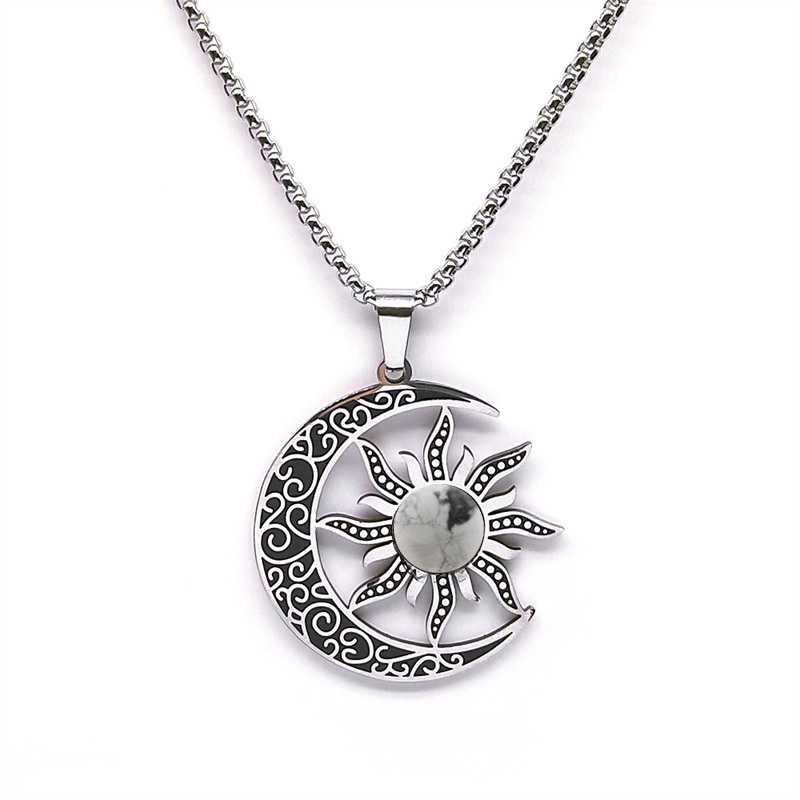 Gemstone Cabs Steel Stainless Sun & Moon Pendant Necklace 60cm Chain