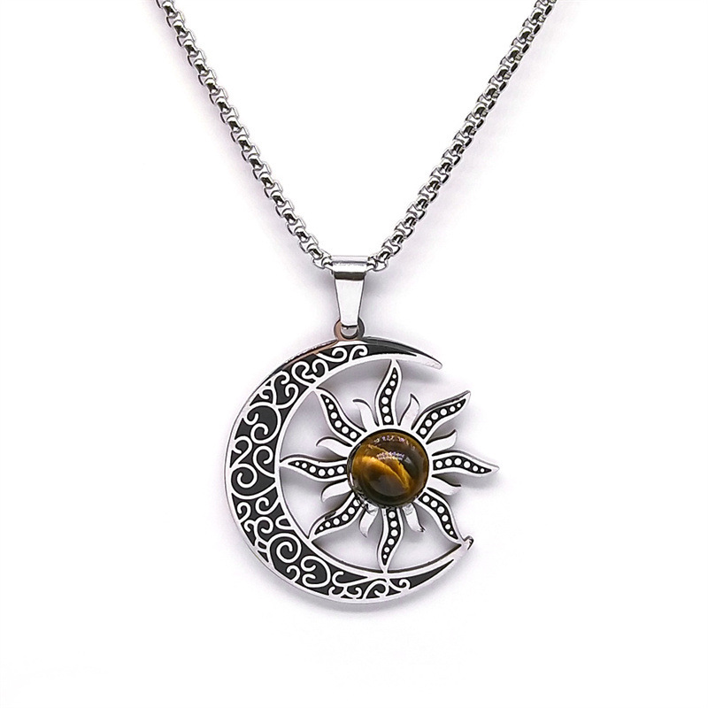 Gemstone Cabs Steel Stainless Sun & Moon Pendant Necklace 60cm Chain