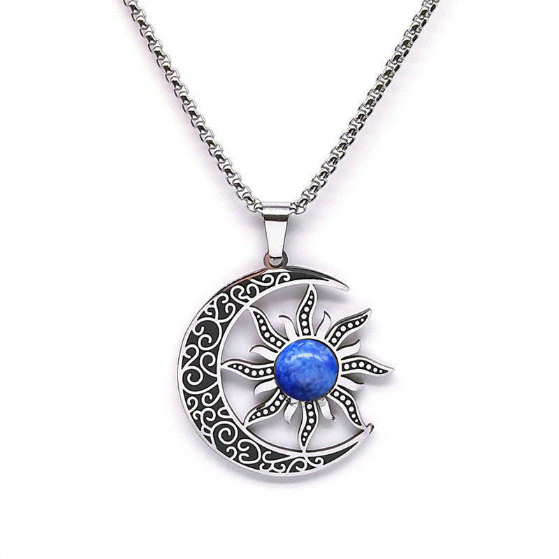 Gemstone Cabs Steel Stainless Sun & Moon Pendant Necklace 60cm Chain