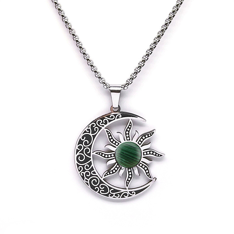 Gemstone Cabs Steel Stainless Sun & Moon Pendant Necklace 60cm Chain