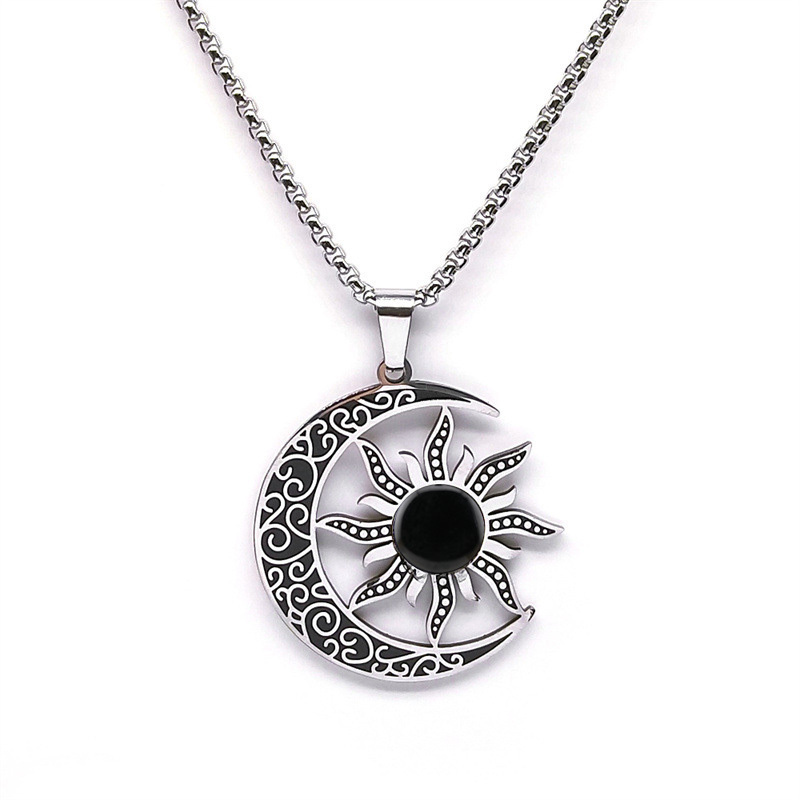 Gemstone Cabs Steel Stainless Sun & Moon Pendant Necklace 60cm Chain