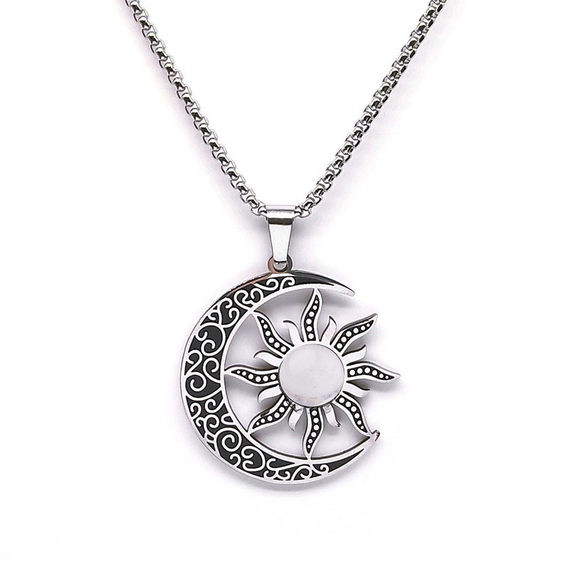 Gemstone Cabs Steel Stainless Sun & Moon Pendant Necklace 60cm Chain