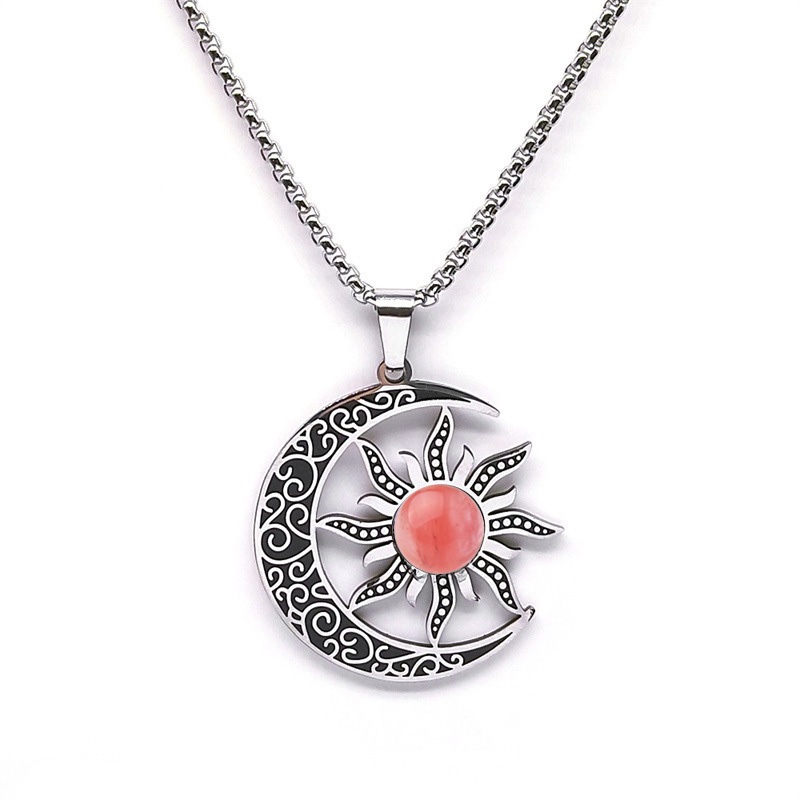 Gemstone Cabs Steel Stainless Sun & Moon Pendant Necklace 60cm Chain