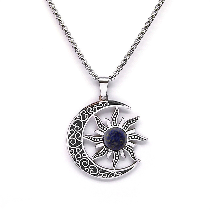 Gemstone Cabs Steel Stainless Sun & Moon Pendant Necklace 60cm Chain