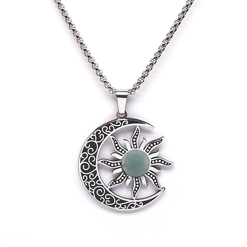 Gemstone Cabs Steel Stainless Sun & Moon Pendant Necklace 60cm Chain