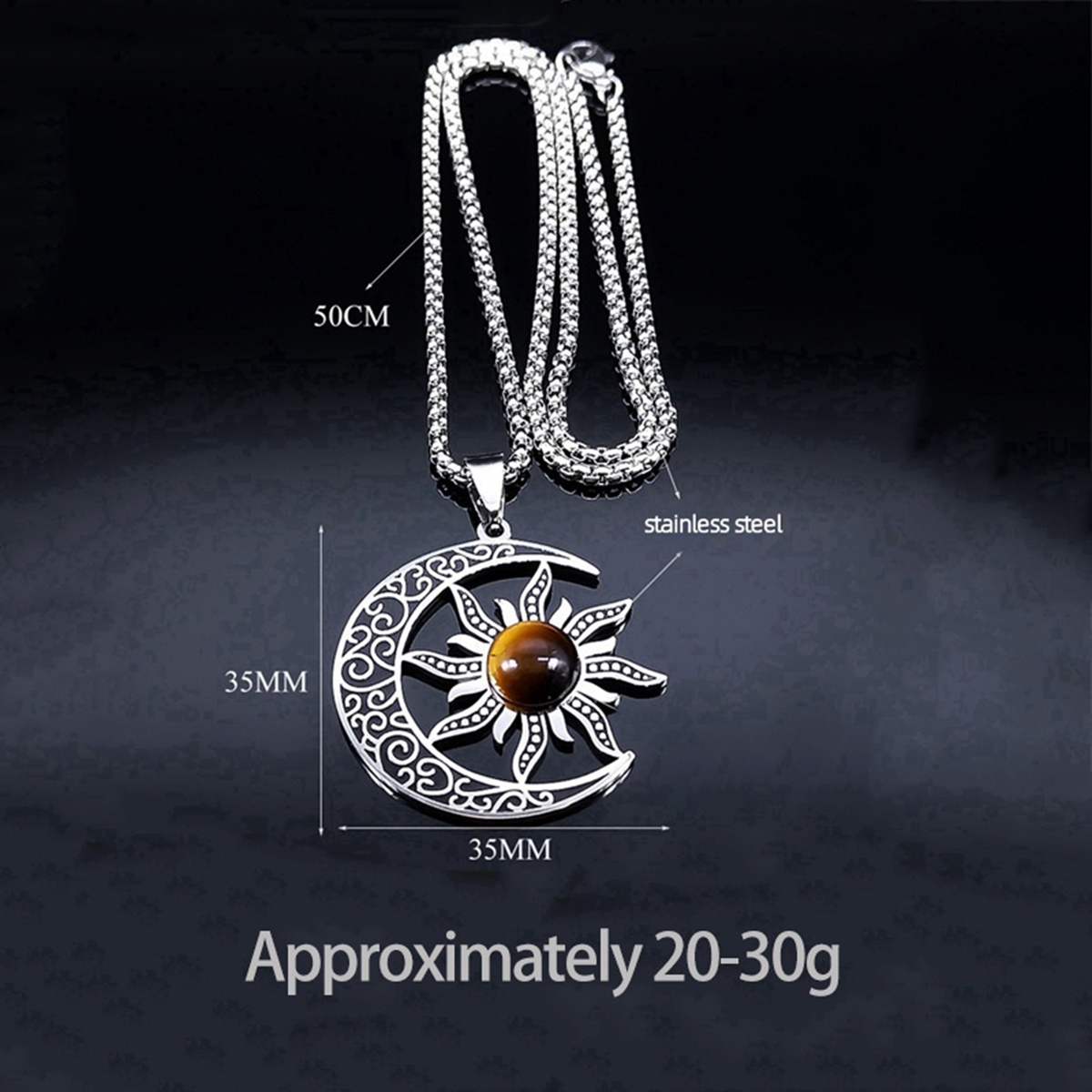 Gemstone Cabs Steel Stainless Sun & Moon Pendant Necklace 60cm Chain