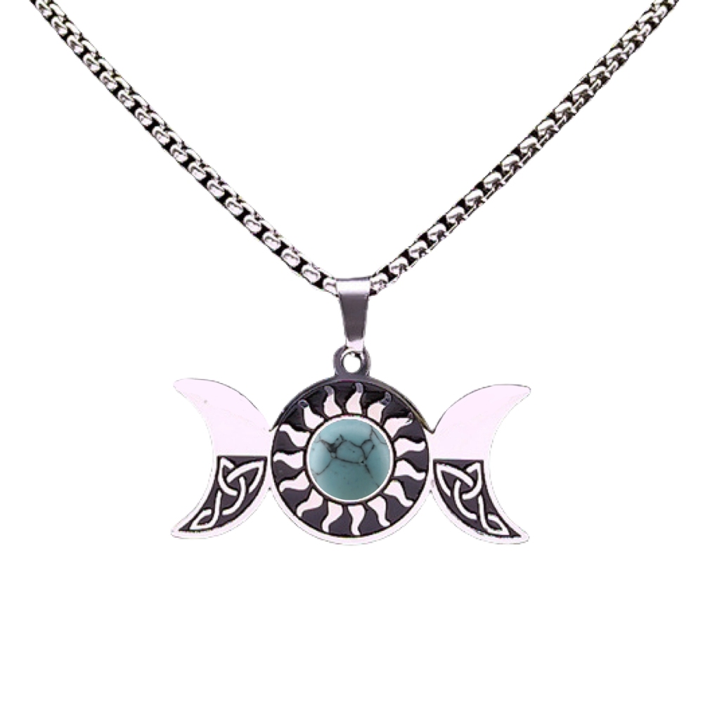 Natural Gemstone Cabochons Stainless Steel Triple Goddess Moon Symbol Pendant Necklace with 50CM Chain