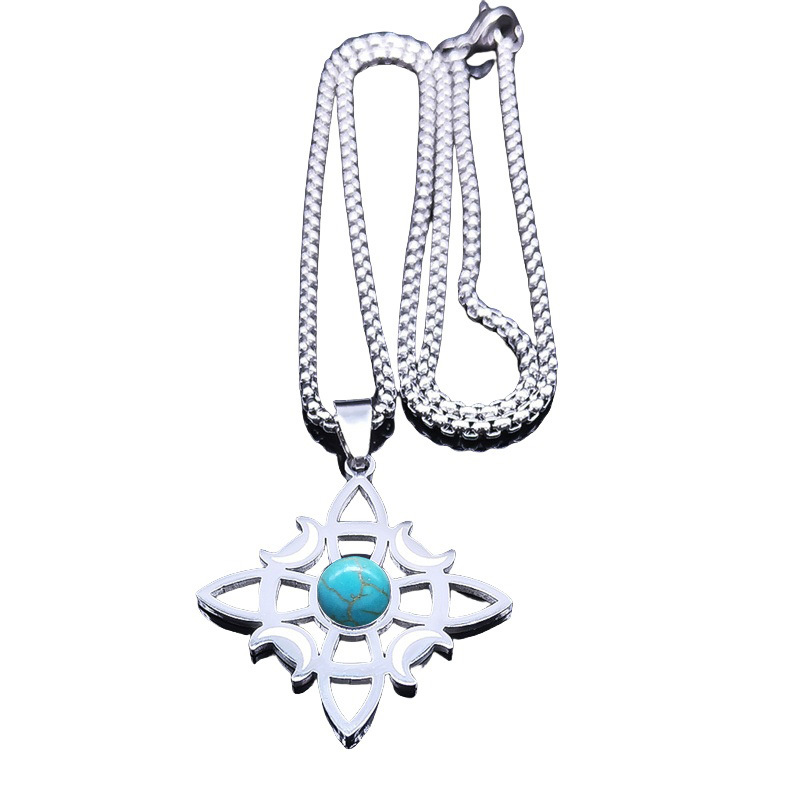 Natural Gemstone Cabochons Stainless Steel Celtic Irish Knot Moon Goddess Talisman Pendant Necklace with 50CM Chain