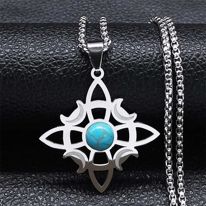 Natural Gemstone Cabochons Stainless Steel Celtic Irish Knot Moon Goddess Talisman Pendant Necklace with 50CM Chain