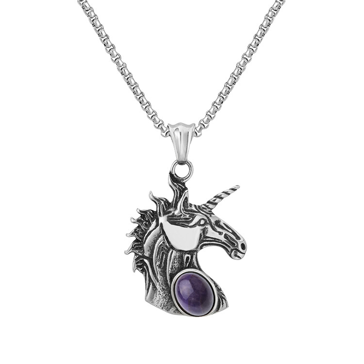 Natural Gemstone Oval Cabs Steel Stainless Unicorn Pendant Necklace 60cm Chain