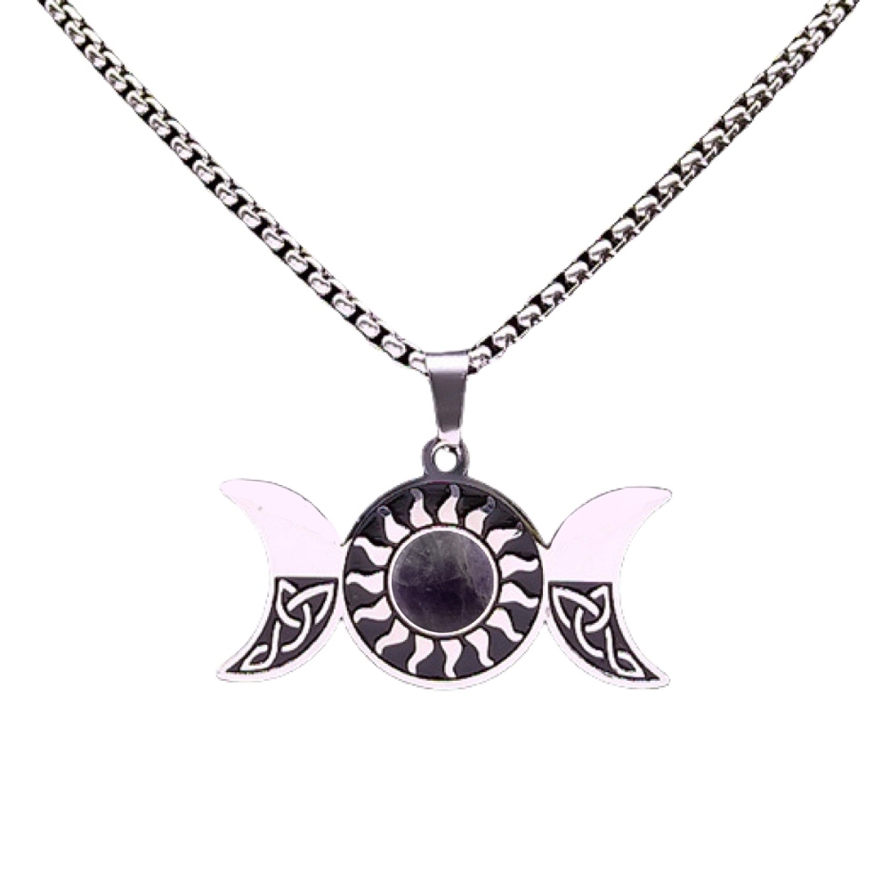 Natural Gemstone Cabochons Stainless Steel Triple Goddess Moon Symbol Pendant Necklace with 50CM Chain