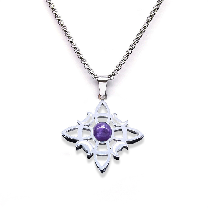 Natural Gemstone Cabochons Stainless Steel Celtic Irish Knot Moon Goddess Talisman Pendant Necklace with 50CM Chain