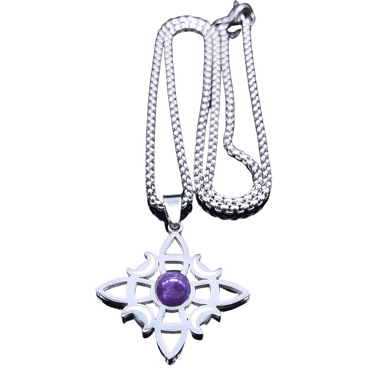 Natural Gemstone Cabochons Stainless Steel Celtic Irish Knot Moon Goddess Talisman Pendant Necklace with 50CM Chain