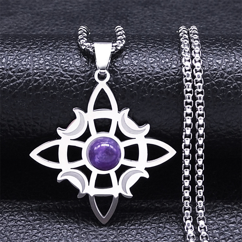 Natural Gemstone Cabochons Stainless Steel Celtic Irish Knot Moon Goddess Talisman Pendant Necklace with 50CM Chain
