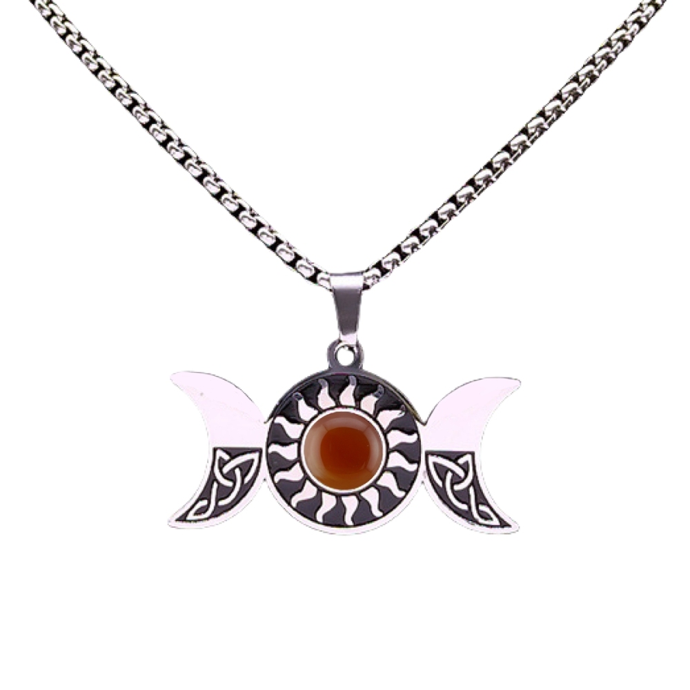 Natural Gemstone Cabochons Stainless Steel Triple Goddess Moon Symbol Pendant Necklace with 50CM Chain
