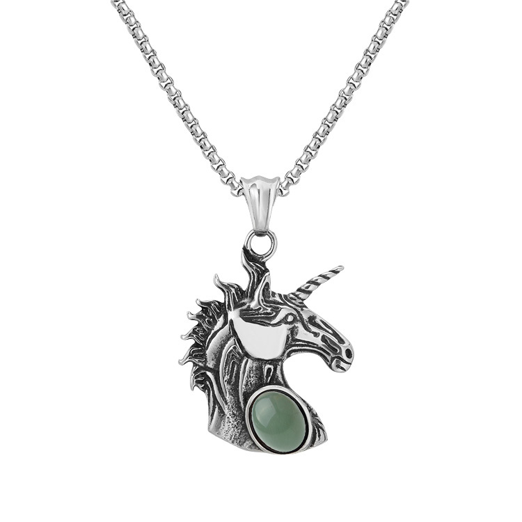 Natural Gemstone Oval Cabs Steel Stainless Unicorn Pendant Necklace 60cm Chain