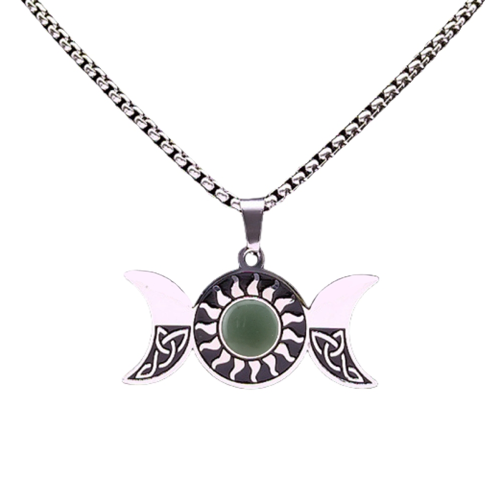 Natural Gemstone Cabochons Stainless Steel Triple Goddess Moon Symbol Pendant Necklace with 50CM Chain