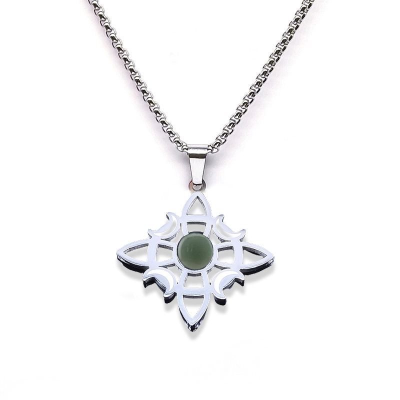 Natural Gemstone Cabochons Stainless Steel Celtic Irish Knot Moon Goddess Talisman Pendant Necklace with 50CM Chain