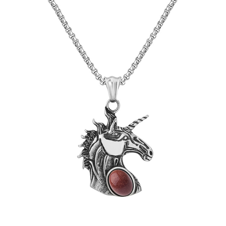 Natural Gemstone Oval Cabs Steel Stainless Unicorn Pendant Necklace 60cm Chain