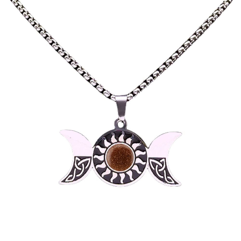 Natural Gemstone Cabochons Stainless Steel Triple Goddess Moon Symbol Pendant Necklace with 50CM Chain