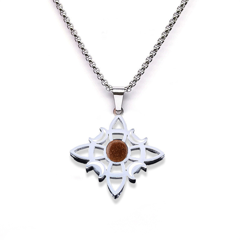 Natural Gemstone Cabochons Stainless Steel Celtic Irish Knot Moon Goddess Talisman Pendant Necklace with 50CM Chain