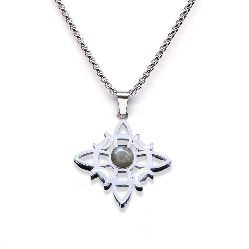 Natural Gemstone Cabochons Stainless Steel Celtic Irish Knot Moon Goddess Talisman Pendant Necklace with 50CM Chain