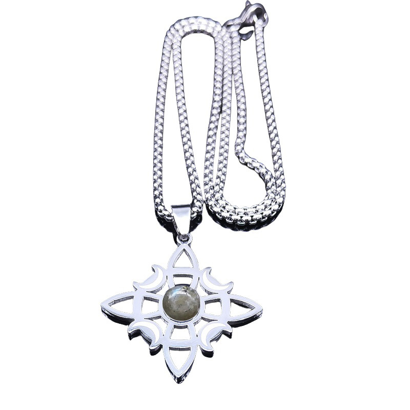 Natural Gemstone Cabochons Stainless Steel Celtic Irish Knot Moon Goddess Talisman Pendant Necklace with 50CM Chain