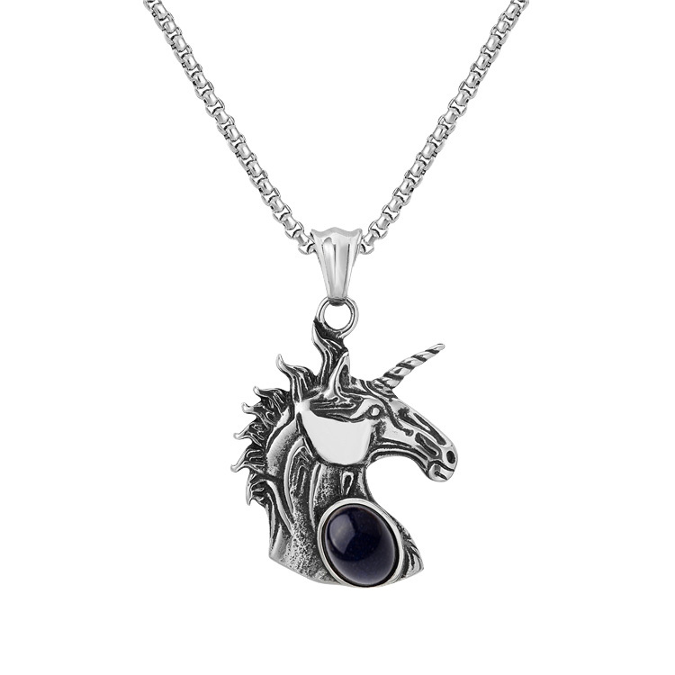 Natural Gemstone Oval Cabs Steel Stainless Unicorn Pendant Necklace 60cm Chain