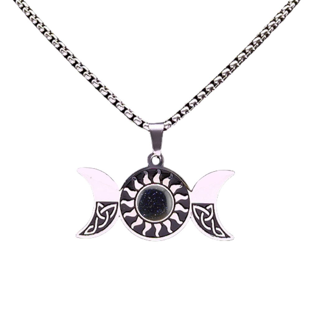 Natural Gemstone Cabochons Stainless Steel Triple Goddess Moon Symbol Pendant Necklace with 50CM Chain