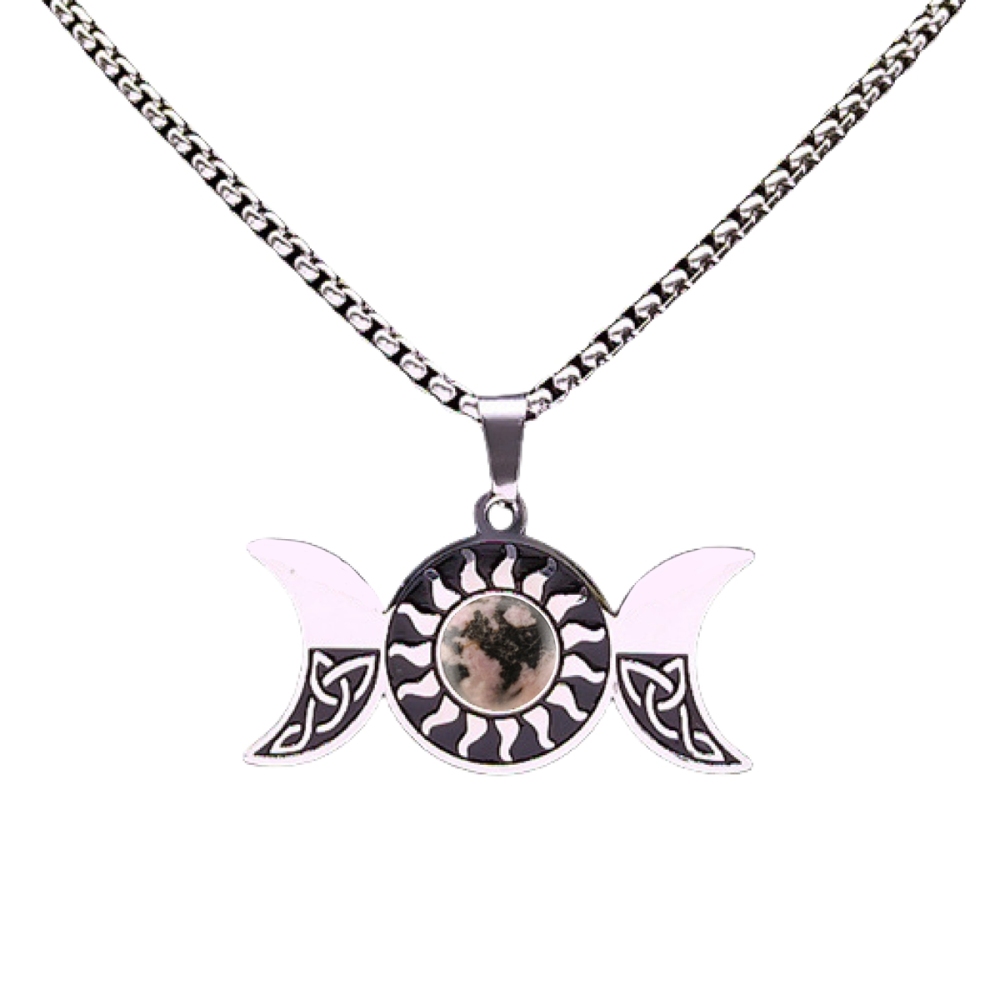 Natural Gemstone Cabochons Stainless Steel Triple Goddess Moon Symbol Pendant Necklace with 50CM Chain
