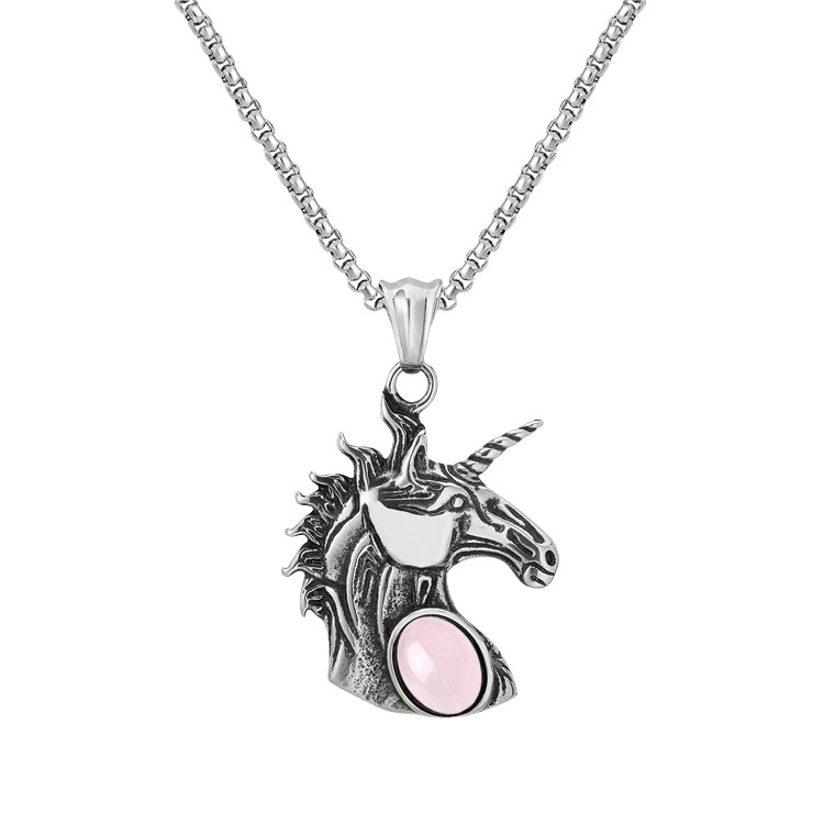 Natural Gemstone Oval Cabs Steel Stainless Unicorn Pendant Necklace 60cm Chain