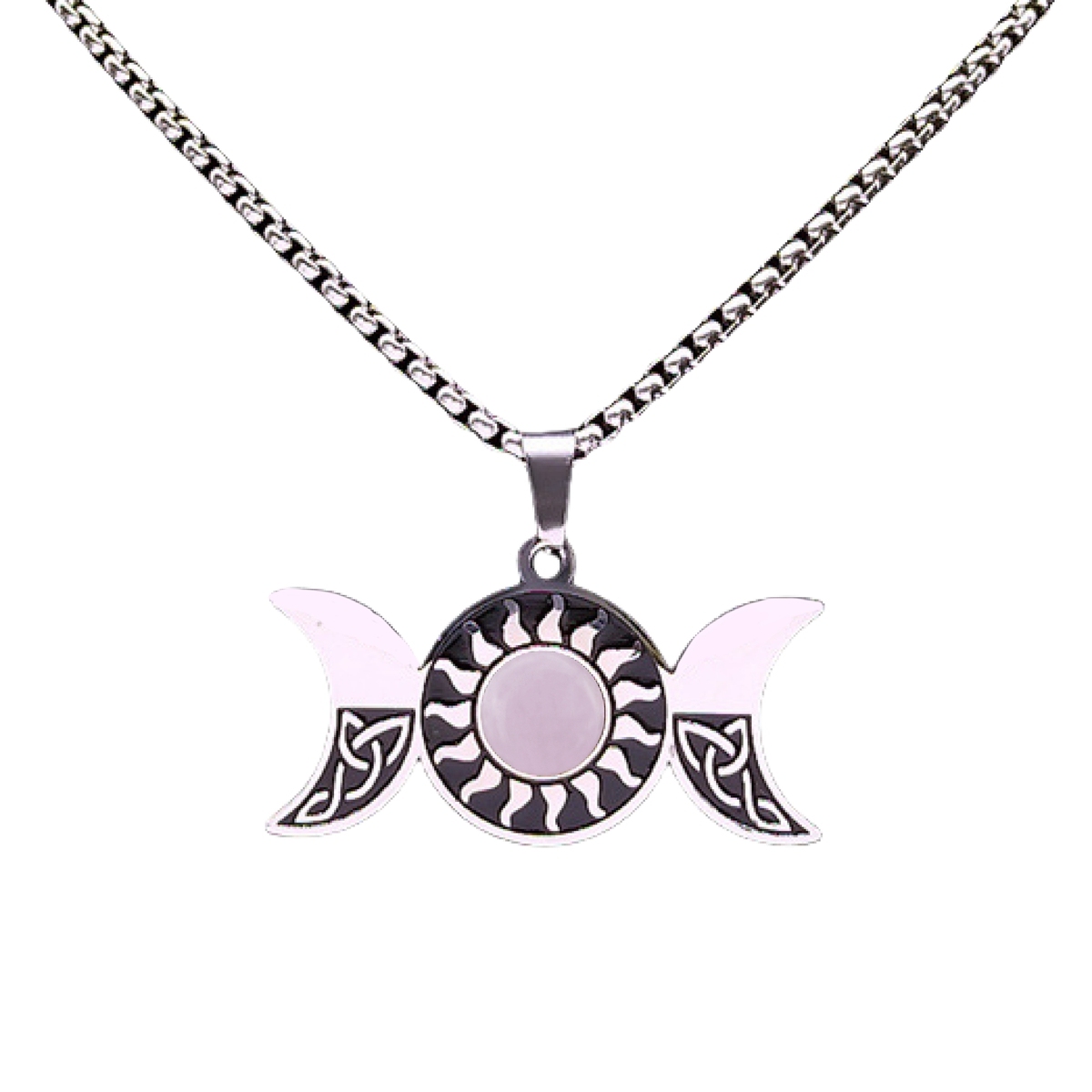 Natural Gemstone Cabochons Stainless Steel Triple Goddess Moon Symbol Pendant Necklace with 50CM Chain