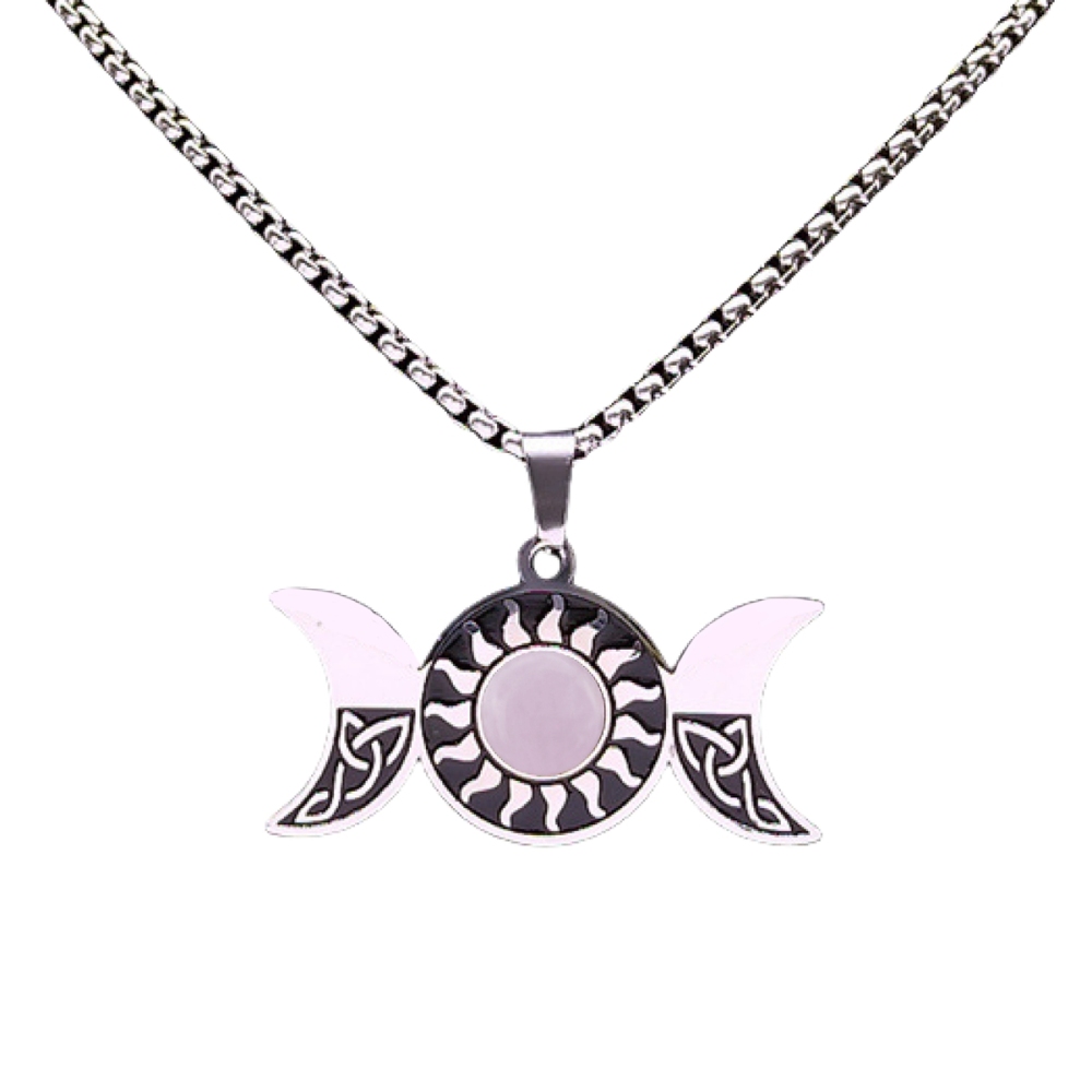 Natural Gemstone Cabochons Stainless Steel Triple Goddess Moon Symbol Pendant Necklace with 50CM Chain