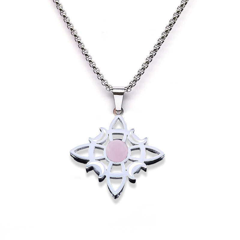 Natural Gemstone Cabochons Stainless Steel Celtic Irish Knot Moon Goddess Talisman Pendant Necklace with 50CM Chain