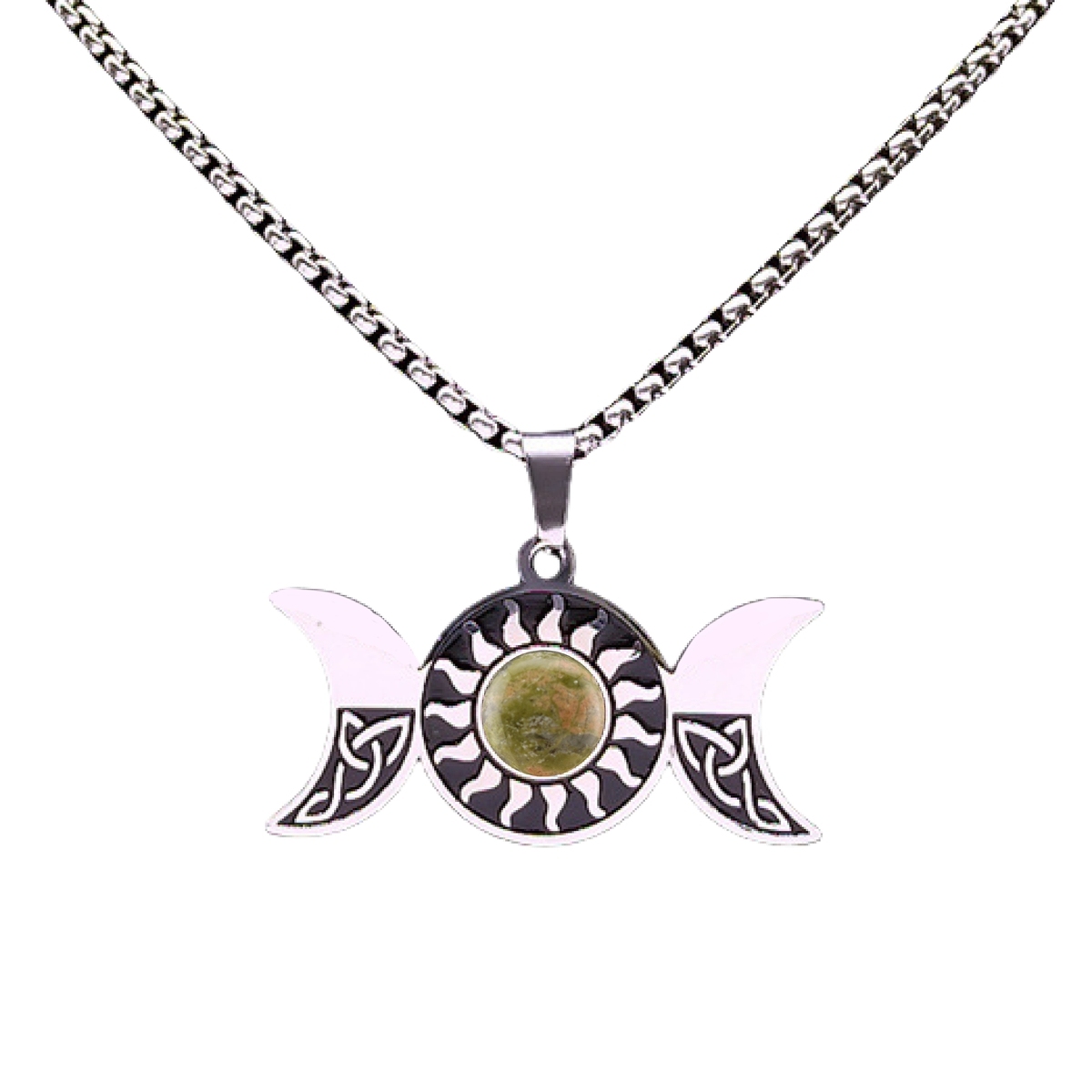 Natural Gemstone Cabochons Stainless Steel Triple Goddess Moon Symbol Pendant Necklace with 50CM Chain