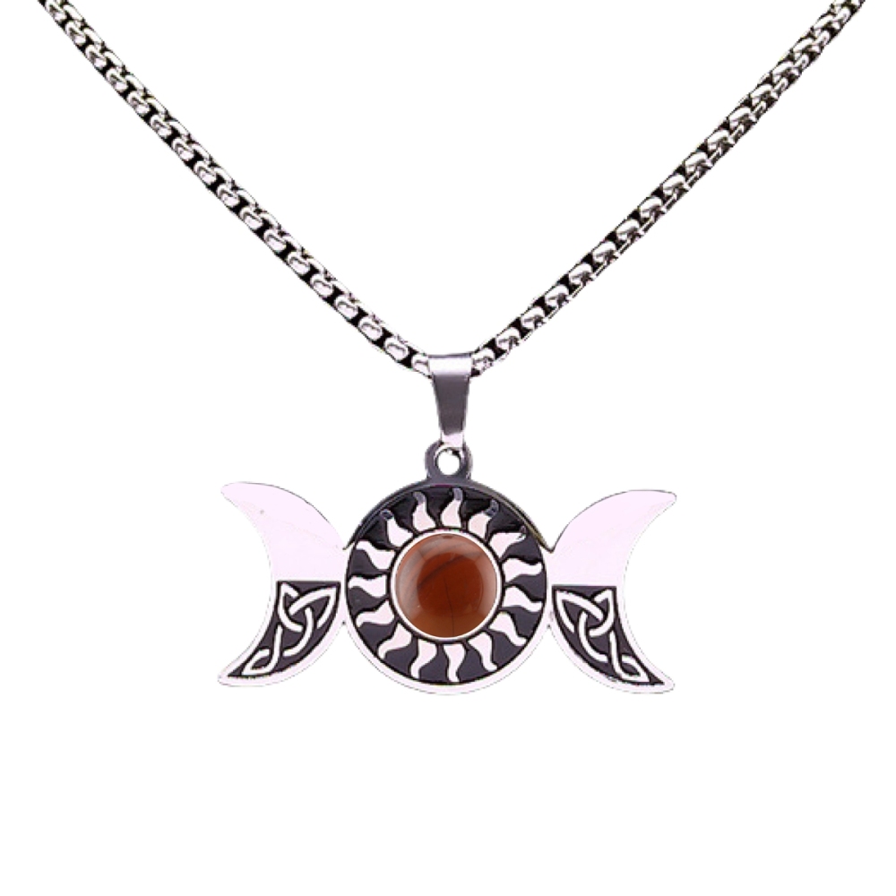 Natural Gemstone Cabochons Stainless Steel Triple Goddess Moon Symbol Pendant Necklace with 50CM Chain