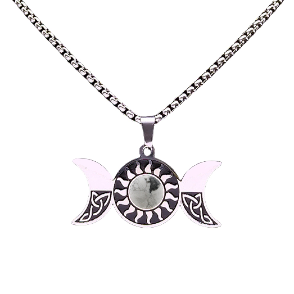 Natural Gemstone Cabochons Stainless Steel Triple Goddess Moon Symbol Pendant Necklace with 50CM Chain